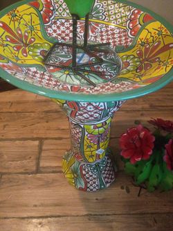 Mexican terracotta birdbath