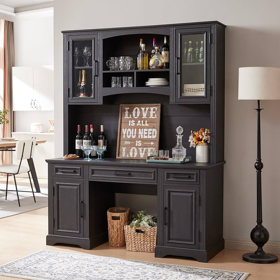 Farmhouse 58" Large Bar Cabinet with Hutch, 76" Height Storage Cabinet, Coffee Bar, Buffet Sideboard, Kitchen Hutch Pantry for Kitchen Bathroom Dinin