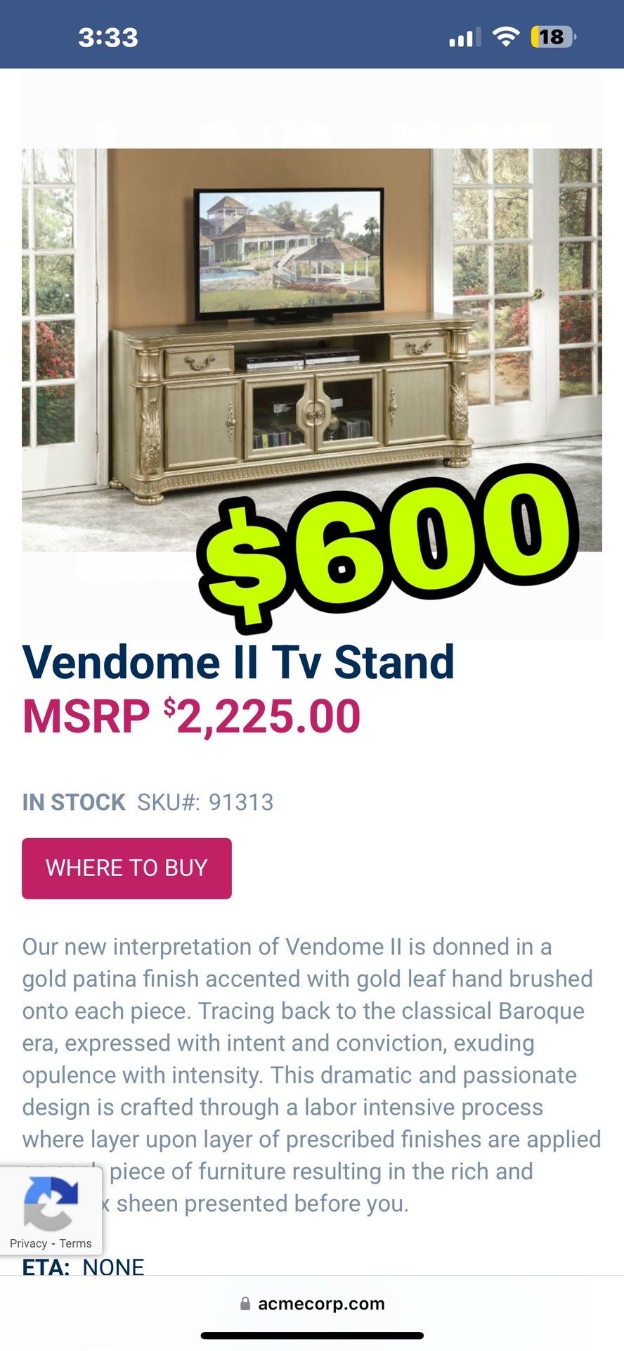 Beautiful New Vendome II Tv Stand Only $600!!! Original Price $2,225!!!