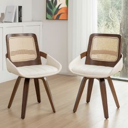 Set of 2 Swivel Rattan Dining Chairs - Walnut Dining Chairs with Bentwood Frame with Ergonomic Cane Back, Curved Arms, MCM Ideal for Kitchen/Conferenc