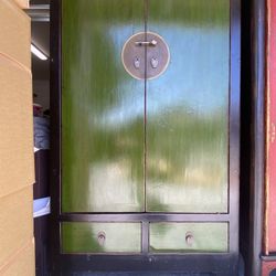 Antique Green lacquered wedding cabinet armoire wardrobe, with large medallion, 2 doors and 4 drawers  lots of storage