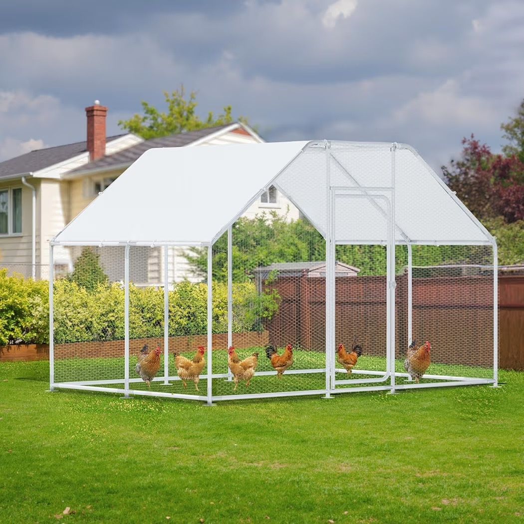 Large Metal Chicken Coop with Run 120" L x 120" W x 79.2" H Walk-in Poultry Cage with Waterproof Cover Ideal for Patio Farm Outdoor Duck Run, Rabbit P