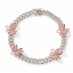 Rhinestone Pink Butterfly Choker Necklace 