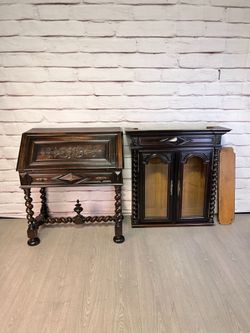 Antique Dark Brown French Barley Twist 2pc Wood Desk Cabinet Th. Bardie