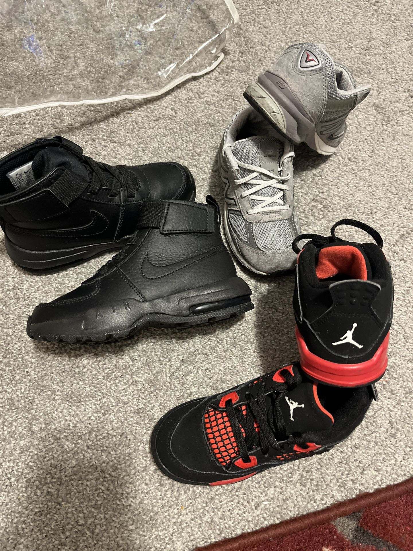 Nikes Boots New!! no box.. size 10.5 $70) Red & Black Jordan's size10 $65...Grey New Balance 990v5  size10 little kids $60 (All little Kids👇🏽