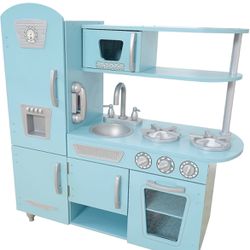 🧑‍🍳 KidKraft Vintage Wooden Play Kitchen with Pretend Ice Maker and Play Phone, Blue