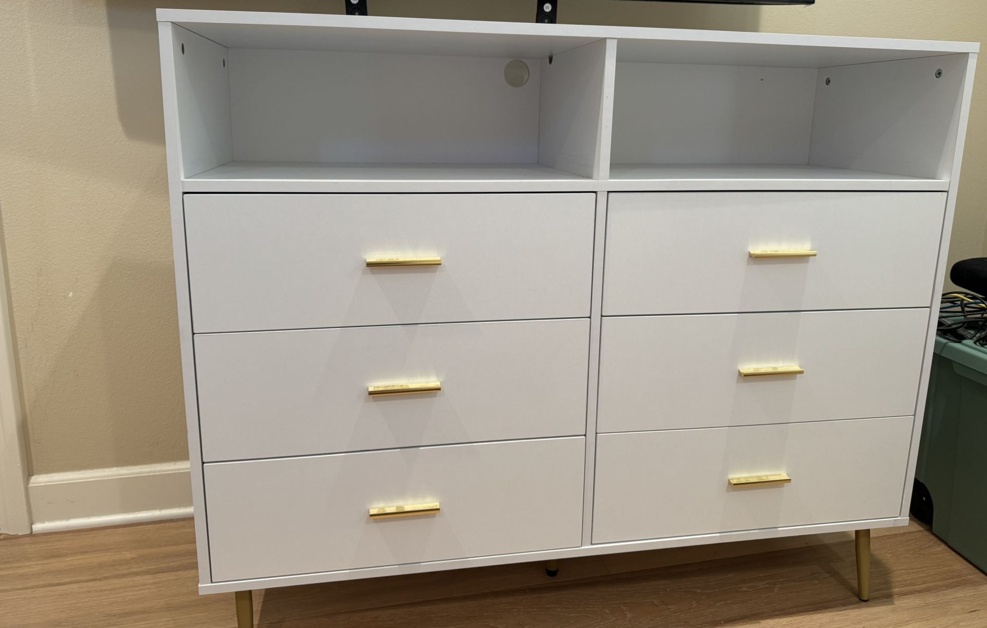 White Dresser 6 Drawers & 2 Shelves with Gold Handles