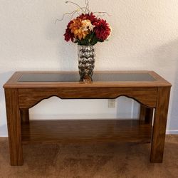 Vintage 2-Piece Oak Table Set ~Console Table & Side Table with Smoked Glass