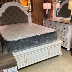 Queen size headboard, footboard and rails, dresser mirror and nightstand all for 2099