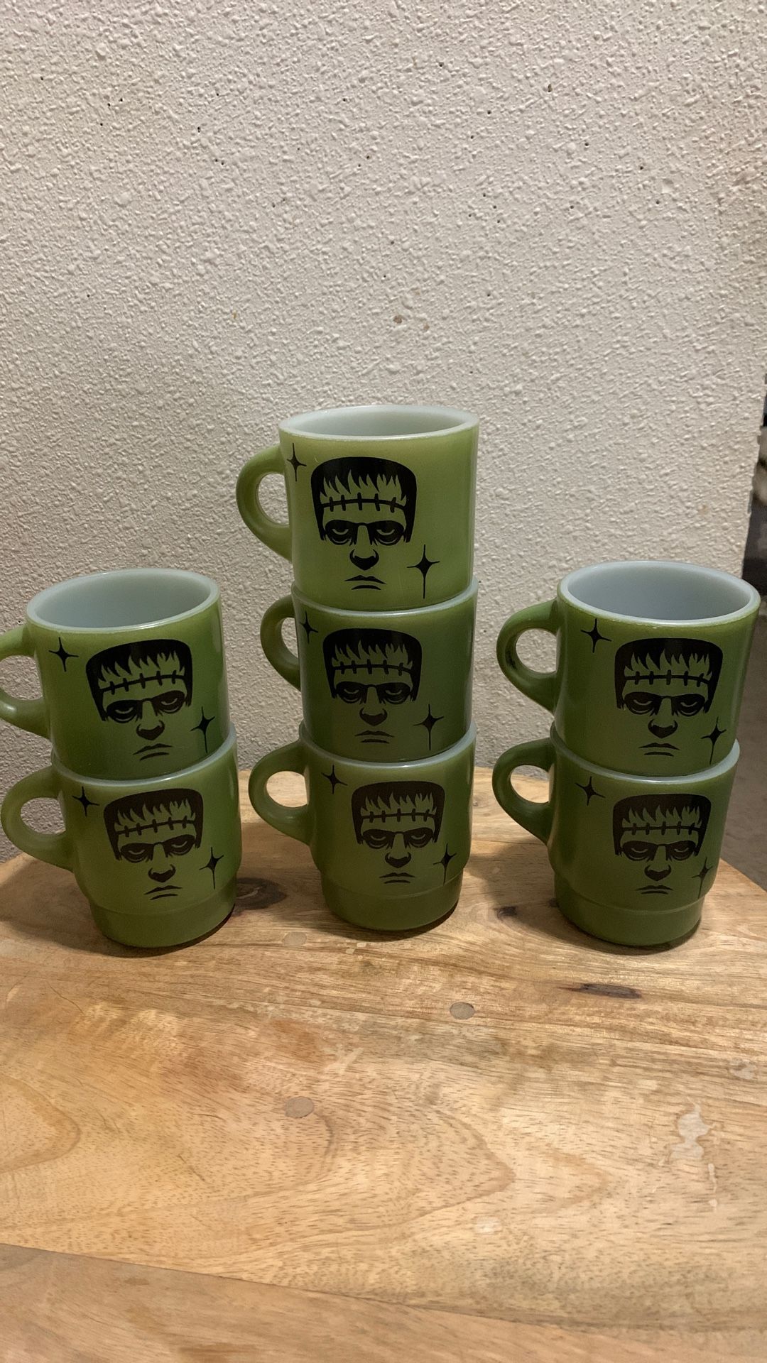 Vintage Fire King Coffee Mug with Designed Frankenstein Monster - Avocado Green and Black Halloween