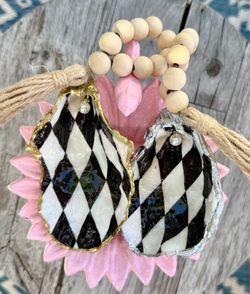 Handmade oyster shell ornaments – black-and-white checkered/host hostess gift