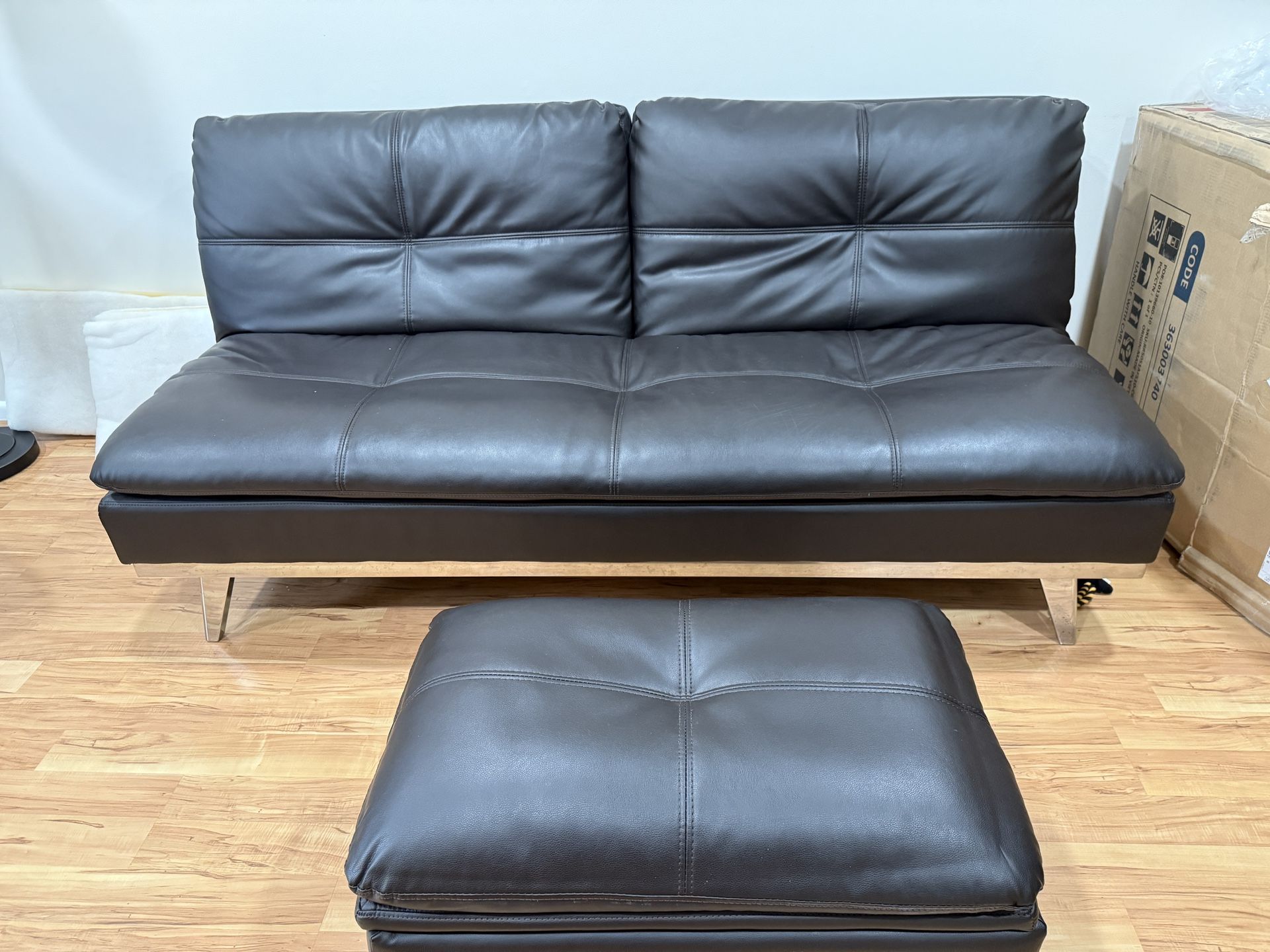 Modern Leather Futon Sofa with Ottoman 