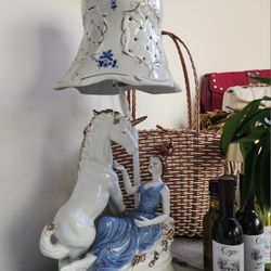Unique Beautiful Vintage Porcelain Lamp with a horse and girl design home. # Porcelainlamp