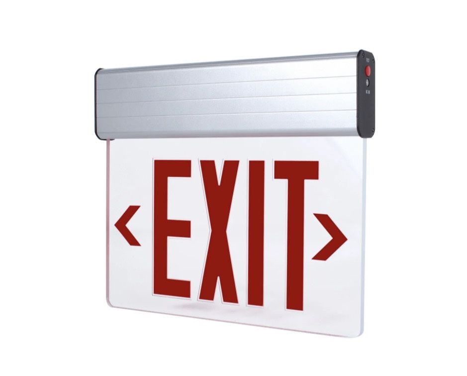 LED Edge-Lit Exit Sign w/Battery Backup UL Listed, Red Letters, 120-347V, Aluminum w/Clear Acrylic