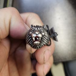 Mens Sterling Silver Wolf Ring. With Ruby Stone