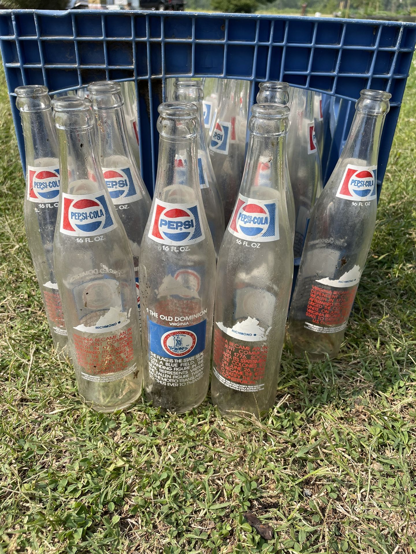 22 Vintage Pepsi Cola Virginia Old Dominion Bottles & Blue Pepsi Crate
