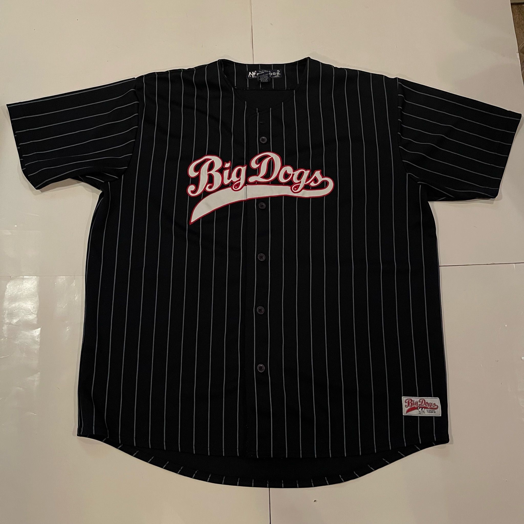 Vintage Big Dogs Baseball Jersey Mens XL Black Pinstripe Embroidered