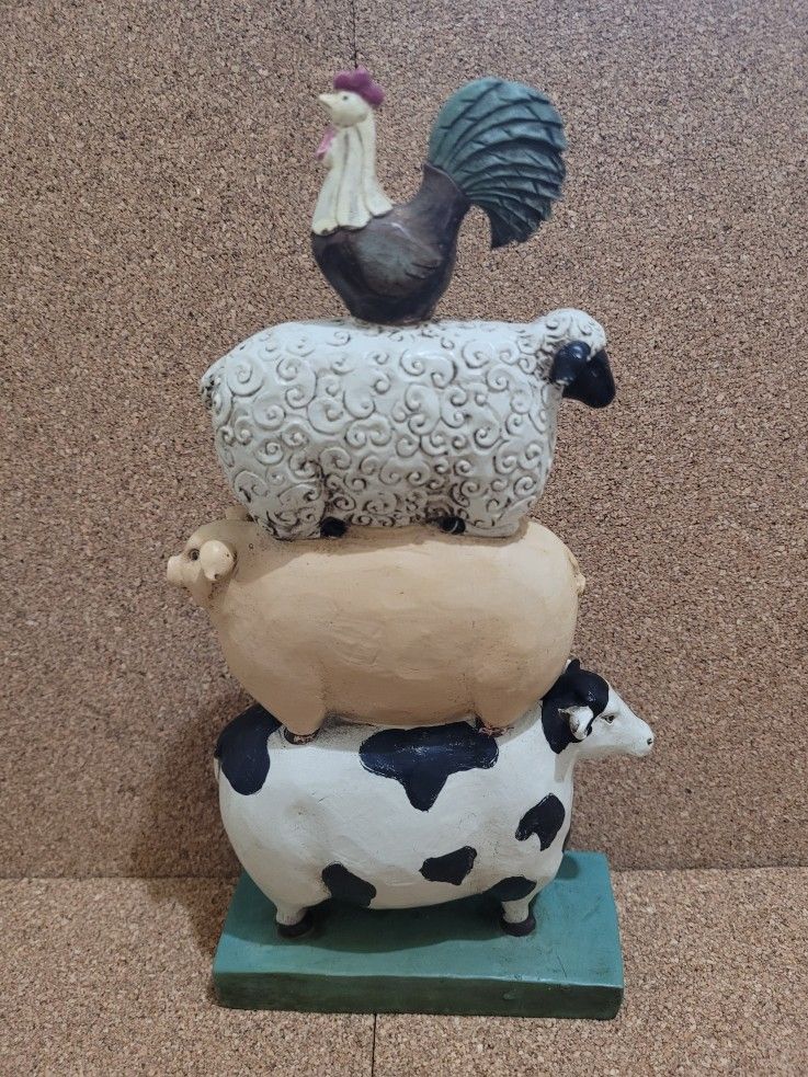 Vintage Stacked Farm Animals Outdoor Carved Wooden Garden Statue 10" Tall.