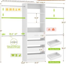 😀 4-9Ft Closet Organizer with 4 Wooden Drawers, Wood Closet Organizer System with Tower, Walk-in Closet Organizer Wardrobe Clothes Rack with 4 Hangin