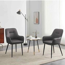 Modern Design Dining Chairs Set of 2, Faux Leather Accent Chairs with Cushioned Seat and Arms, Upholstered Leisure Armchairs for Kitchen Restaurant Co