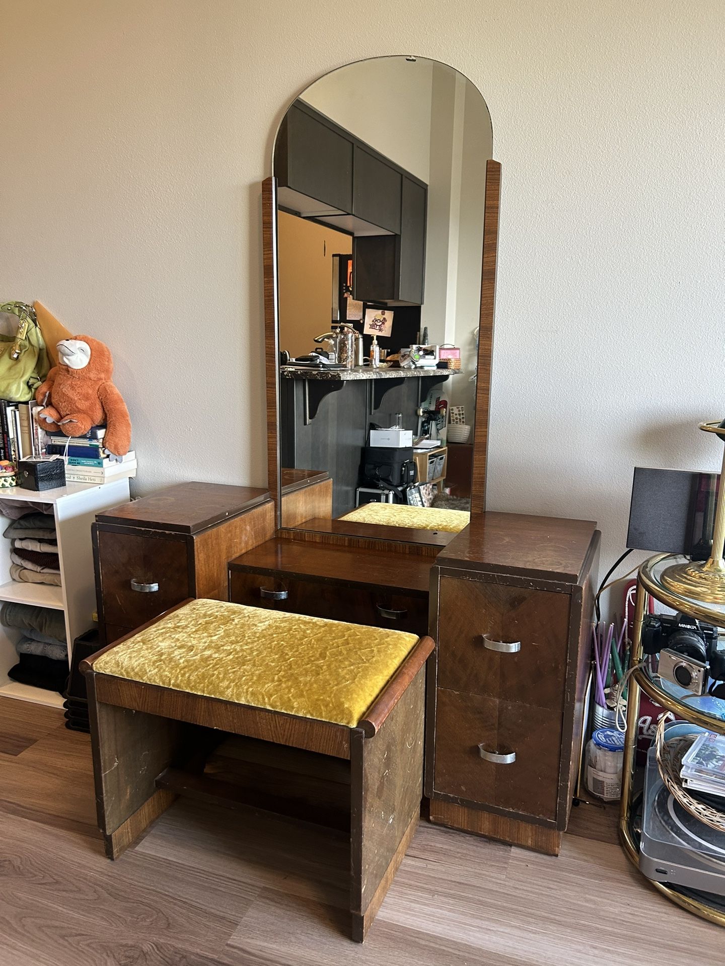 Vintage Wood Vanity with mirror and bench