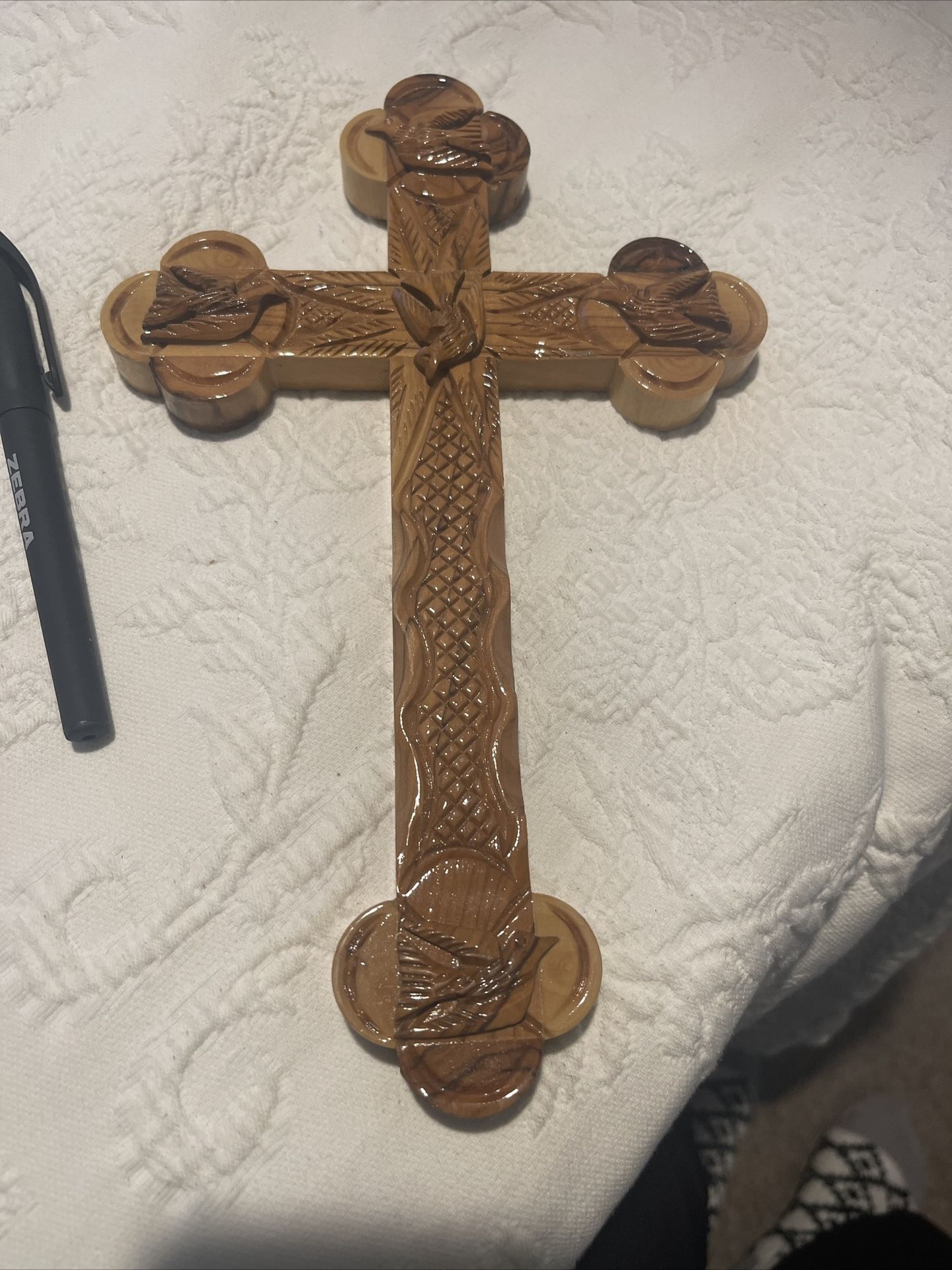 Jerusalem 11” Olive Wood Dove Hanging Cross