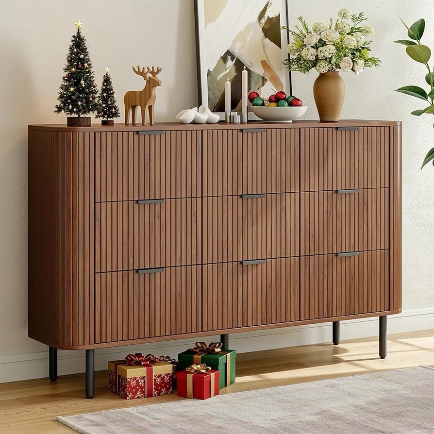Fluted Dresser for Bedroom with 9 Drawers, 53 inch Chest of Drawers, Mid Century Modern Long Dressers with Curved Profile Design for Closet