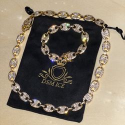 Icy Prong Set 14k Gold Plated 20" Chain 8” Bracelet Hip Hop Men Women Set