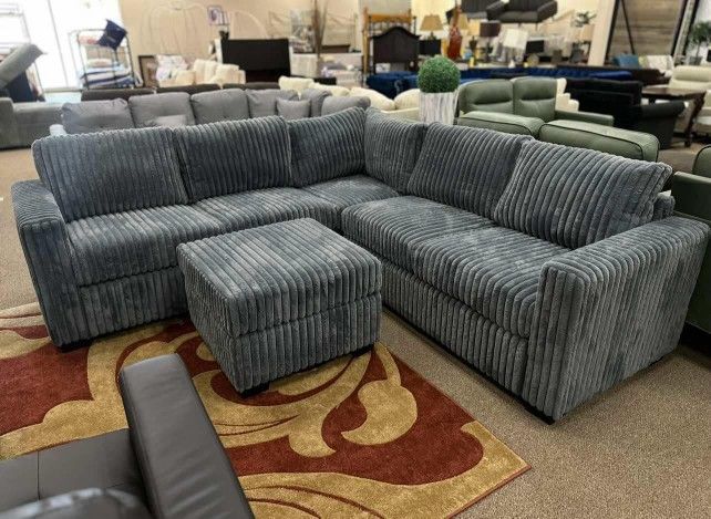 Grey Corduroy Sectional Sofa With Ottoman