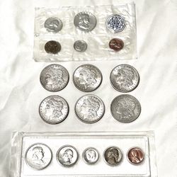 Collection Of (6) Morgan Silver Dollars (2) Mint Condition Franklin Silver Half Dollar Sets. 