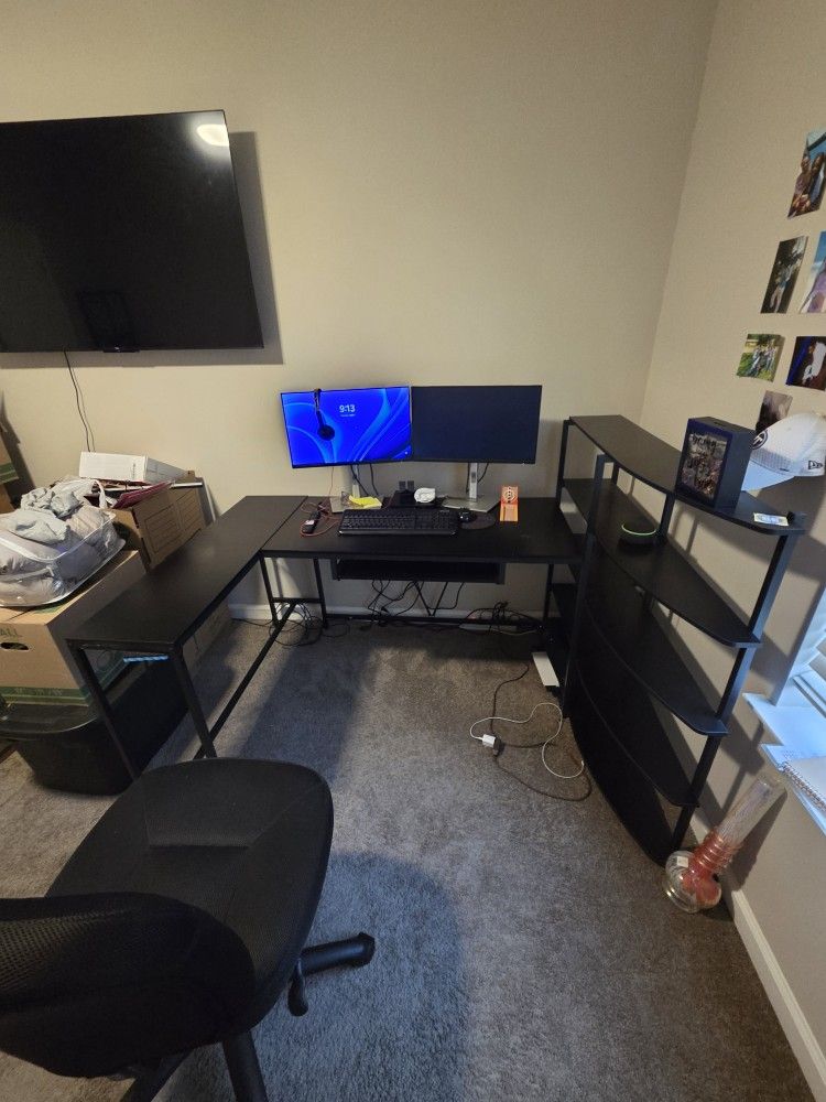 Black L-Shaped Desk with Bookcase Attachment & Chair – Perfect for Home Office!