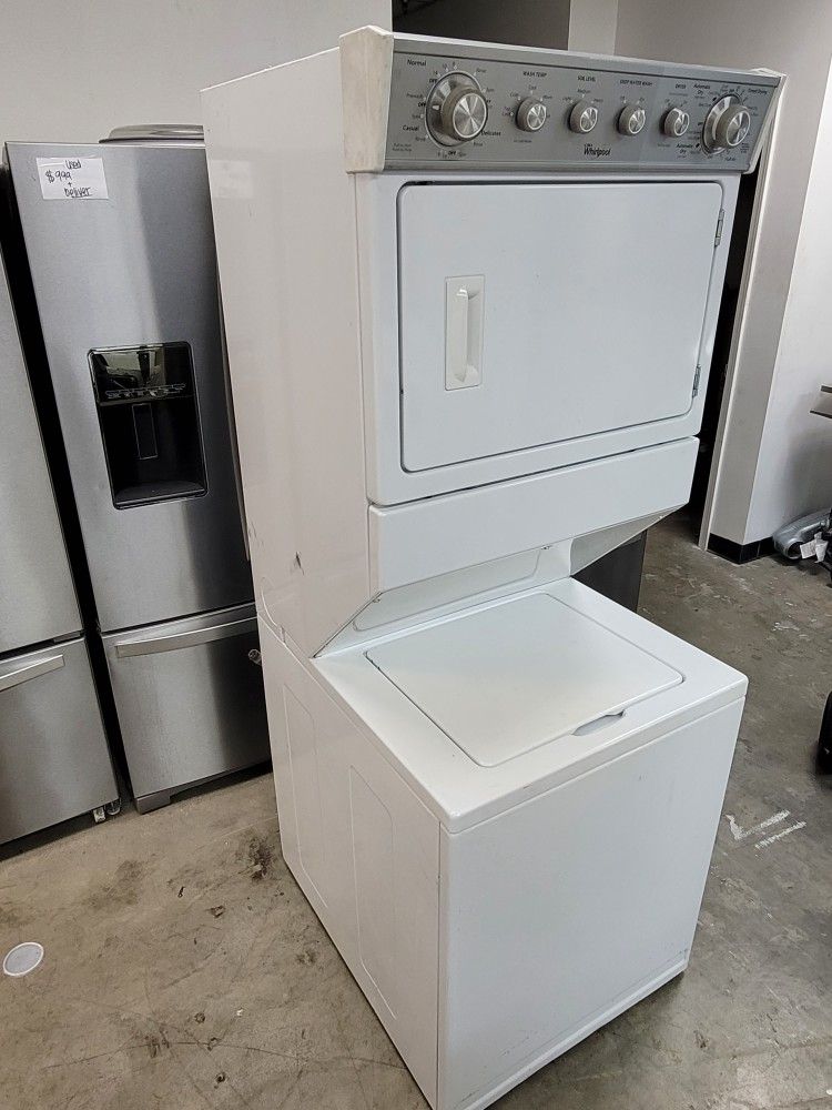 Whirlpool 27" Wide Apartment Size Top Load Washer With Agitator And Gas Dryer Laundry Center Stacked Single Unit Stackable 