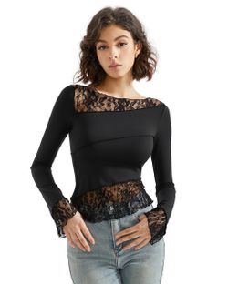 Women's sexy, fitted, long-sleeve, boat-neck, asymmetric sheer lace crop top.