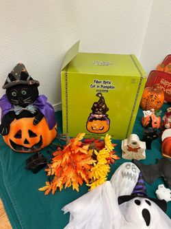 Lot Halloween and fall decorations plus bins