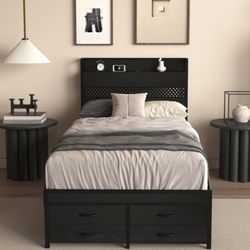 Twin Bed Frame with Storage Drawers + Headboard (Black) — $150 OBO