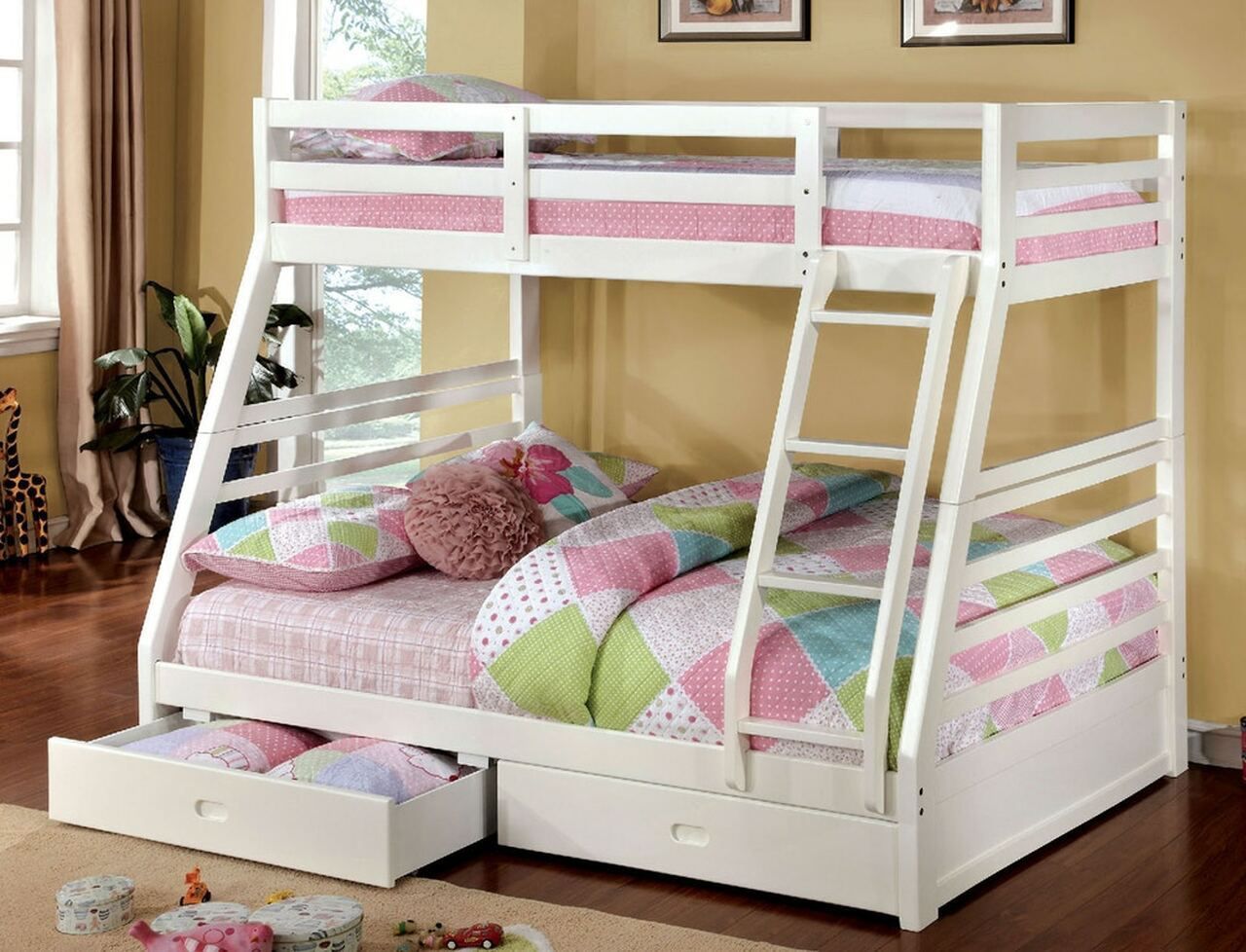 Twin/Full White Bunk bed w. Drawers & Ortho Mattresses Included 