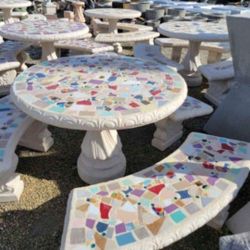 Concrete Stone Mosaic Picnic Table with 3 Benches/ Outdoor Patio Furniture