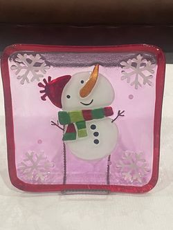 Square decorative fused glass holiday snowman dish by Melrose. 10” X 10”