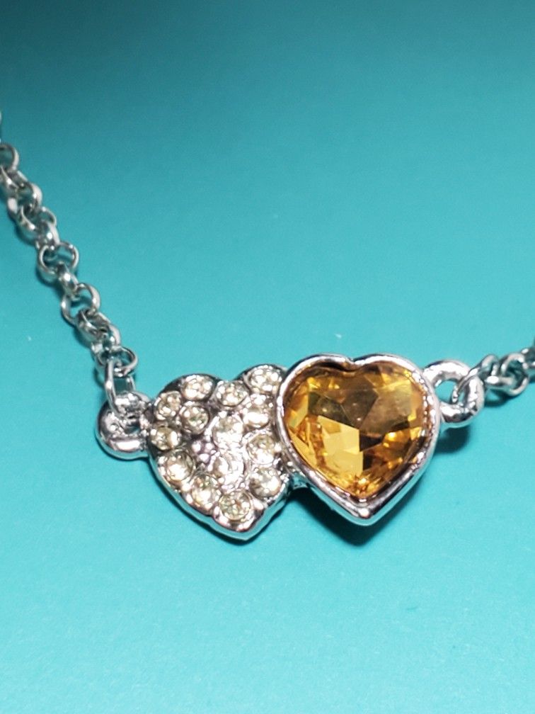 Double Yellow Heart And Rhinestone Valentine's Day Necklace