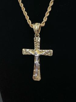 14k Gold Plated Nugget Crucifix Cross Pendant and 24” Rope Chain