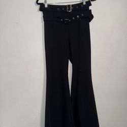 SHEIN Black Flared Belted Women's Dress Pants Polyester Stretch Grommets