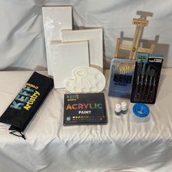 Keff Artistry Acrylic Paint Set w. Canvases Brushes Palette Easel Knives