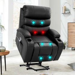 Oversized Power Lift Recliner Chair with Massage & Heat, PU Leather, USB Port, Cup Holders & Pockets - Black