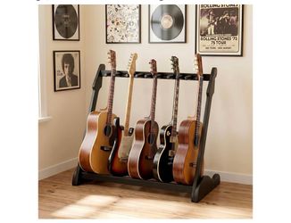 9 Guitar Stand Rack, Adjustable Spacing Bamboo Guitar Holder for Acoustic Electric & Bass, Stable Triangle Multi Guitar Floor Stand with Foam Protecti