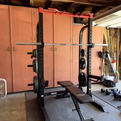 Squat Rack w/ Bench, Barbell, Weights, and Cables