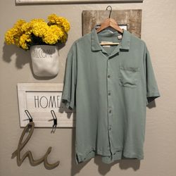 Tommy Bahama Men's XL Green 100% Silk Short Sleeve Button Up Casual Shirt Golf