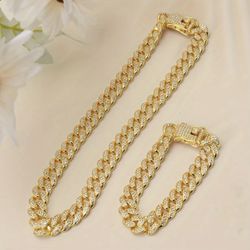 New 18k Yellow Gold Cuban Link Chain And Bracelet Set 