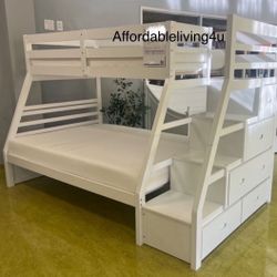 White Twin/Full Bunk Bed Frame W/ Storage Drawers 