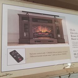 NEW Allen Roth 66" Electric Fireplace Brown Walnut Black Iron Finish Hardware 