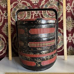 Antique Chinese Rattan 3  Sectional Basket